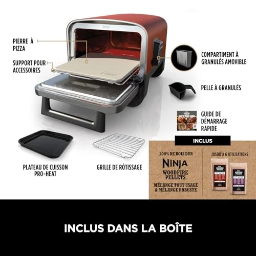 Ninja Woodfire Four à pizza extérieur électrique 8-en-1, rotissoire &amp; fumoir barbecue avec grille, plaque pro-heat, pierre à pizza, granulés de bois et pelle, 6 réglages, orange foncé OO101EU