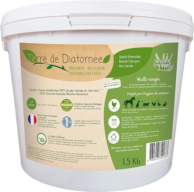 l'herbe Haute ® Terre de Diatomée Blanche Alimentaire - 1,5 kg Seau - Utilisable en Agriculture Biologique - Origine Naturelle sans Transformation Chimique - Nombreux usages