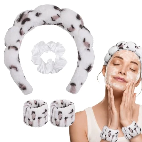 WD&amp;CD Bandeau spa pour femme, 1 bandeau de maquillage, 2 bandeaux de poignet et 1 chouchou pour le lavage du visage, soins de la peau, douche, démaquillage - Imprimé léopard