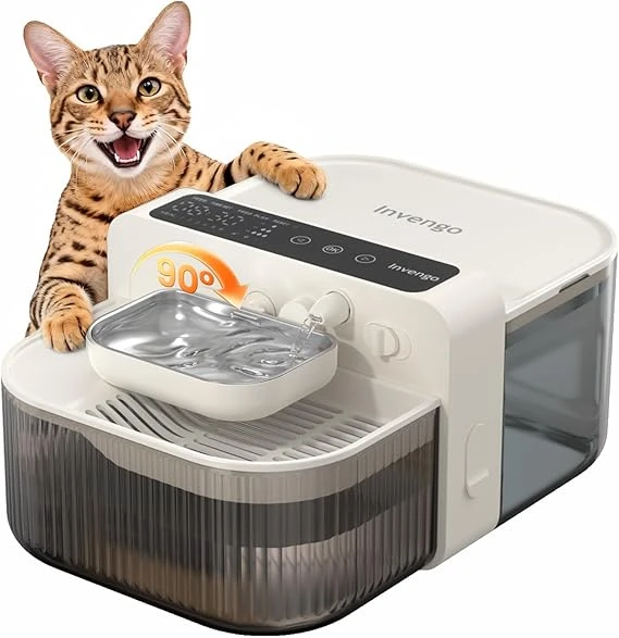 Fontaine a Eau Chat sans Filtre et sans Fil sur Batterie 3000mAh 180 Jours, Séparation de l'eau Propre et de l'eau Usée, Bol en Acier Inoxydable, Distributeur d'eau 3.5L, Blanc Cassé