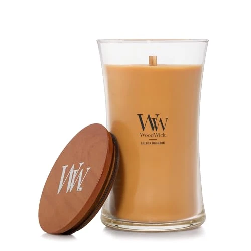 Bougie parfumée WoodWick avec mèche crépitante | Grande Bougie Bourbon doré | Bougies à combustion longue : Jusqu’à 130 heures | Le cadeau parfait pour les femmes