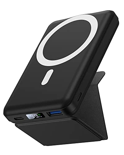 Yiisonger Batterie Externe Magnétique, Compatible avec MagSafe, 10000mAh sans Fil Power Bank Charge Rapide PD 22.5W avec Support Pliable, Affichage LED, Compatible iPhone 14/13/12/Pro/Pro Max(Noir)