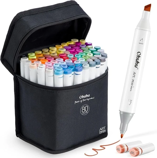 Ohuhu Feutre Alcool, 80 Couleurs Marqueurs d'art à Double Pointe Burin et Pointe Fine pour Illustrations à Colorier, Encre à Base D'alcool étui à Marqueurs, Série Oahu