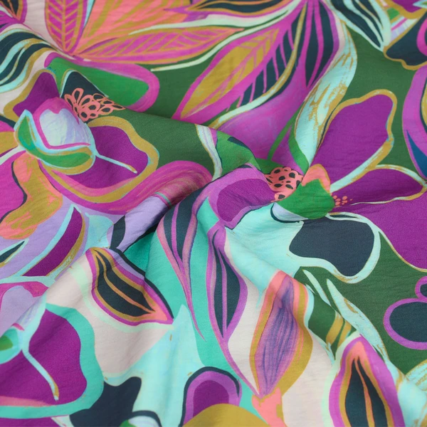 Tissu viscose Belma à motif floral multicolore | Tissu pour couture d'habits fluide de poids léger