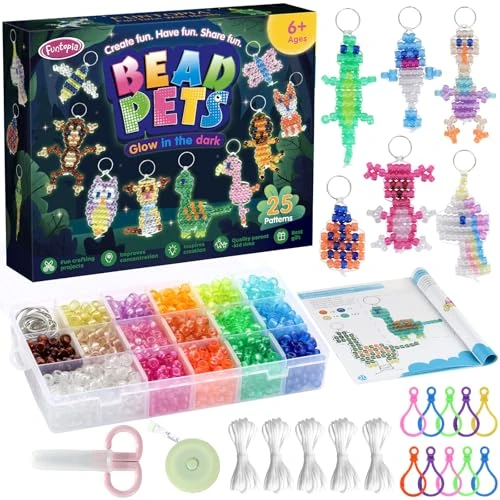 Perles Pony Phosphorescentes Animaux, Kit Porte-Clés Débutant, 25 Modèles