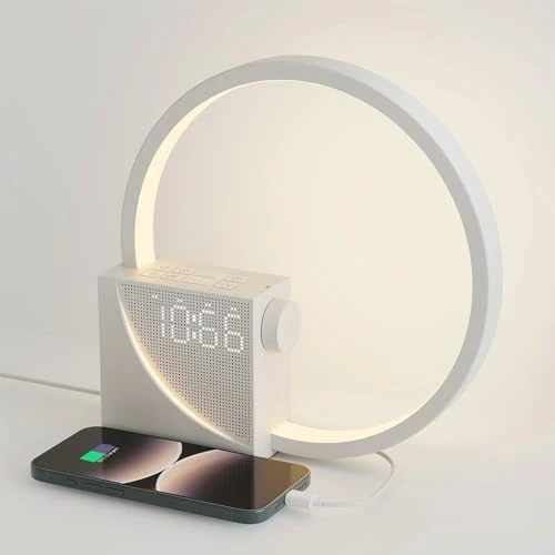 Lampe de chevet Touch Dimmable avec fonction de charge USB, Lampe de chevet LED avec réveil, Lumière Wake Up avec deux alarmes 3 niveaux de luminosité et 10 sons naturels pour chambre à coucher salon