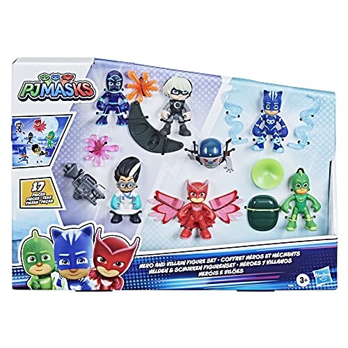 PJ Masks F2096 Pyjamasques, Coffret Héros et Méchants, Jouet préscolaire avec 7 Figurines Pyjamasques et 10 Accessoires, dès 3 Ans Multicolore