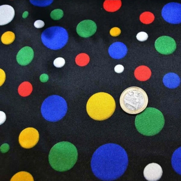 Tissu Satin Carnaval Petits Pois Multicolores fond Noir au Mètre pour la confection de Déguisements