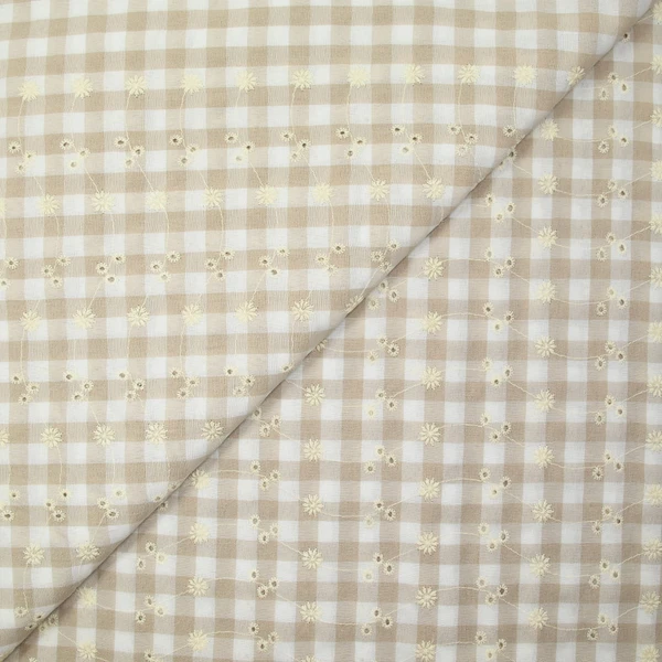 Coton Vichy brodé Flore beige