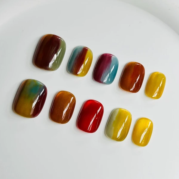 Élégant coloré Halo jaune rouge bleu Gel ongles | Appuyez sur Nail | Ongles faits à la main | Art des ongles | Faux ongles | Ongles ronds courts,