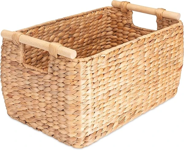 Decorasian Storage Basket braided from water hyacinth - seagrass, long and narrow with wooden handle