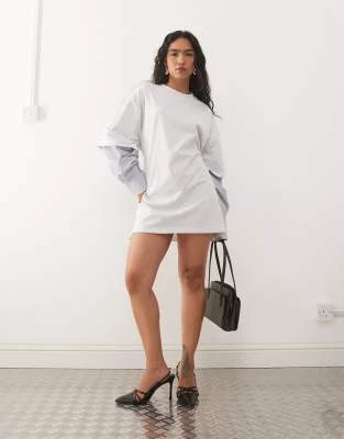Exclusivité - Lioness - Robe courte 2-en-1 avec t-shirt oversize et chemise rayée à manches longues nouée dans le dos - Gris et bleu