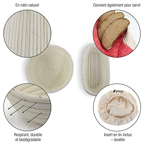 ispudin Banneton pour Pain Rond 23 c, Panier a Pain en Rotin, Kit boulangerie avec Lae