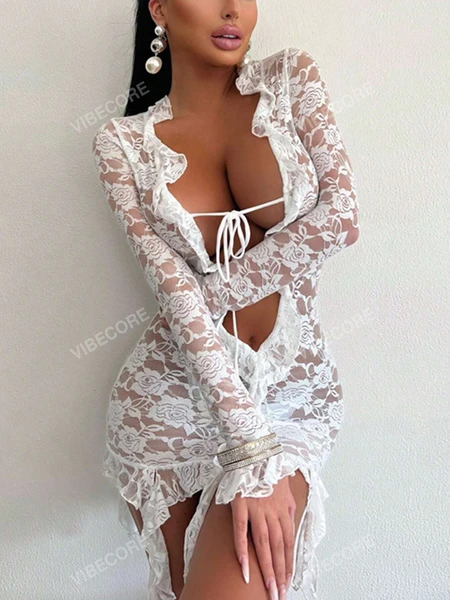 Robe moulante en dentelle transparente et fine pour femmes, avec nœud. Idéale pour les fêtes, le printemps, l'été, les soirées, les clubs et les vacances à la plage dans le style Y2K