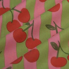 Tissu popeline coton cerise rayure rose vert