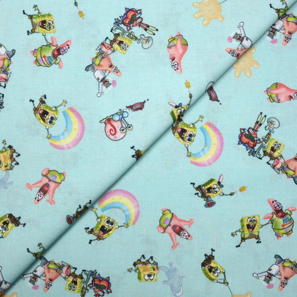 Popeline coton Bob l'éponge happy days fond bleu ciel