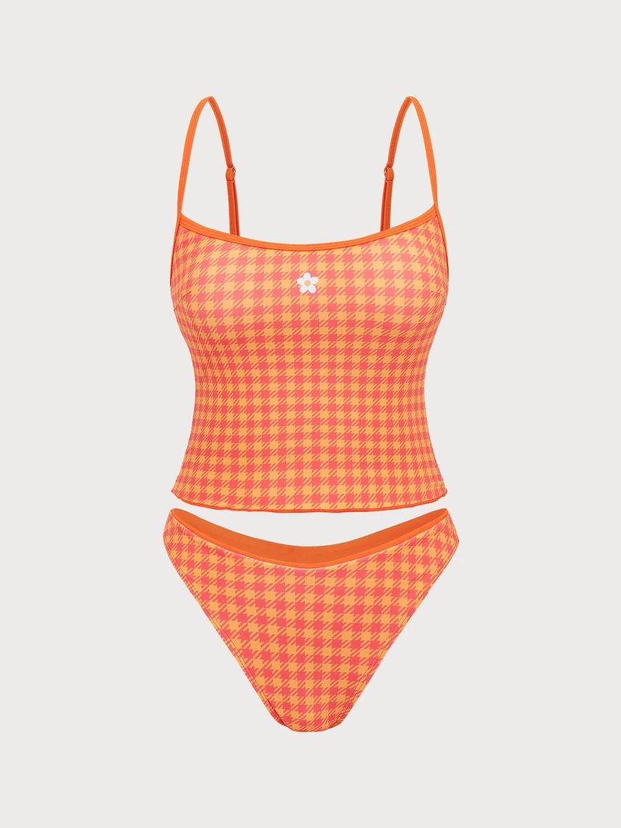 Orange Plaid Print Tankini Swimsuit