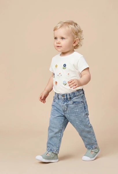 Jean droit taille élastique uni en coton