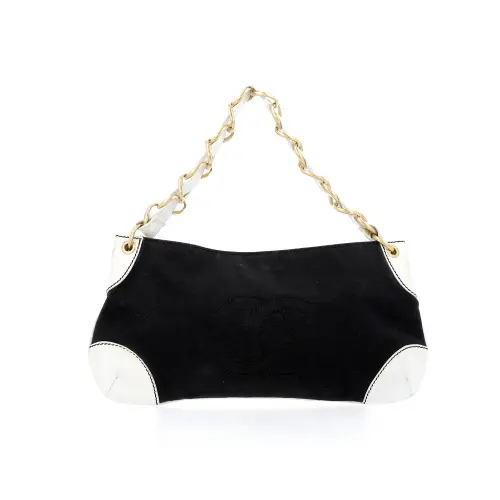 Sac porté épaule Vintage Chanel Toile Noir et Cuir Blanc