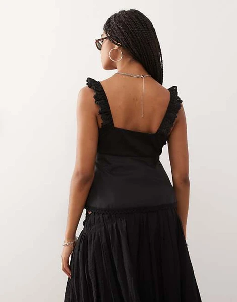 Reclaimed Vintage - Caraco babydoll en popeline avec détails en dentelle et broderie anglaise - Noir