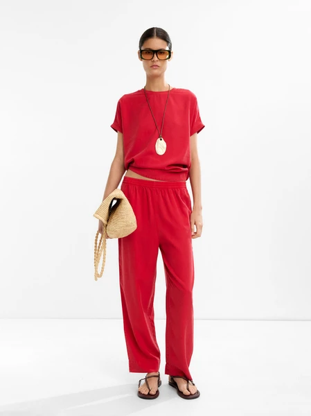 Pantalon en lyocell 100% avec taille élastique Rouge | Parfois France