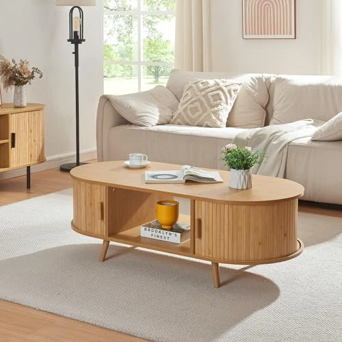 [en.casa] Table Basse avec Portes Coulissantes et Compartiments de Rangement Table d'Appoint Massif Intemporel Style Scandinave Salon Séjour Bureau MDF Bambou Bois 120 x 55 x 40 cm Naturel
