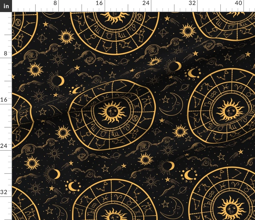 Fabric in Large Black & Yellow Astrological Pattern - Constellations Planets & Stars