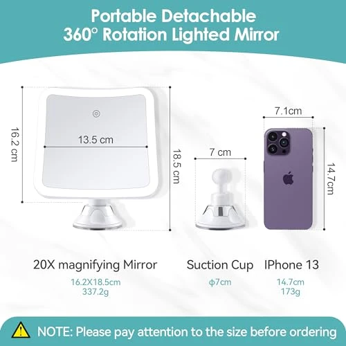 B Beauty Planet Miroir grossissant avec lumière, Miroir de Maquillage Lumineux grossissant 20x avec contrôle Tactile et Ventouse, Rechargeable, Rotation à 360°, Salle de Bain et Voyage, carré