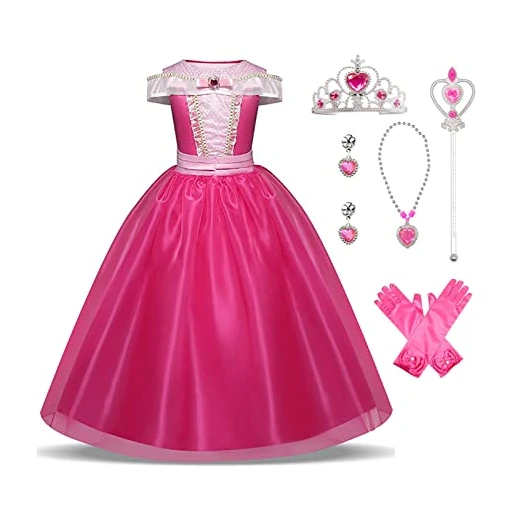 Hamanasu Robe Princesse Fille Deguisement Aurore Fille Costume de la Belle au Bois Dormant avec Accessoires Anniversaire Fête Halloween Noël Partie Cosplay Robe de Soirée（Rouge rosé01，3-4Ans/110）