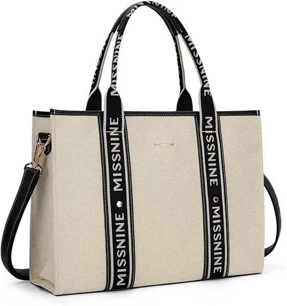 Missnine Tote Bag Canvas Laptop Bag 15.6 inch Briefcase for Women Large Capacity Handbag for Office, School, Travel