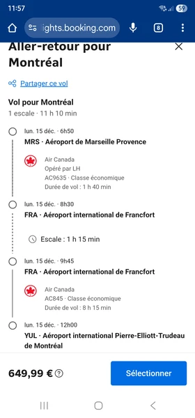 Vol allez retour canada