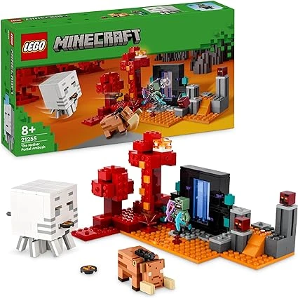LEGO 21255 Minecraft L'Embuscade au Portail du Nether, Jouet de Construction avec Scènes de Bataille et Minifigurines, Figurine Hoglin, Cadeau pour Garçons et Filles Dès 8 Ans