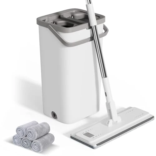 Eukue Serpillère Seau Essoreur, Balai Serpillère Microfibre Plat avec 5 Serpillères Réutilisables, Serpillère et Seau Essoreur avec Manche INOX, 2 en 1 Seau Serpillere pour Nettoyage Tous(Blanc)