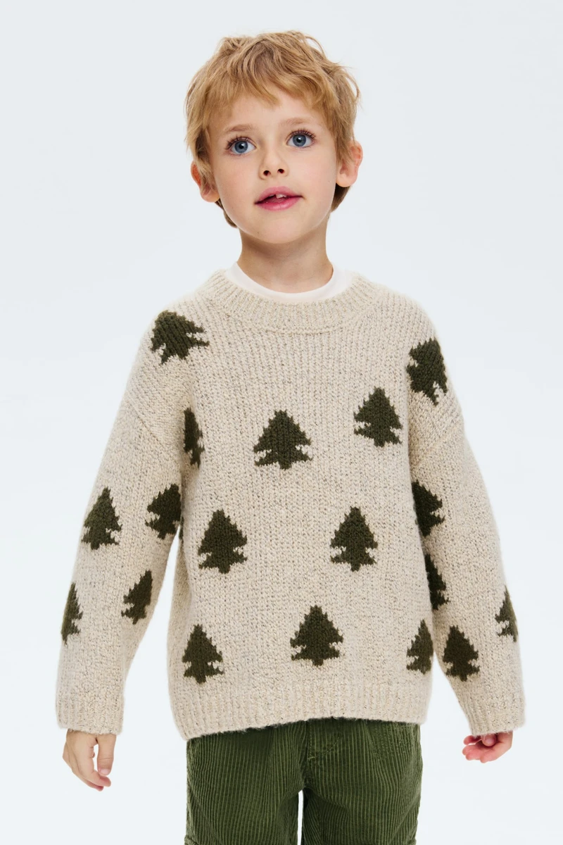 Pull en maille jacquard - Beige/sapins de Noël - ENFANT | H&M FR
