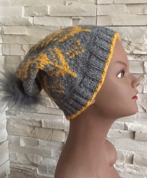 Bonnet fantaisie hiver gris moutarde
