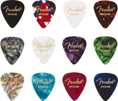 Fender©"351 Medley" Médiators en celluloïd pour Guitare et Basse - Couleurs variées - Medium - Set de 12