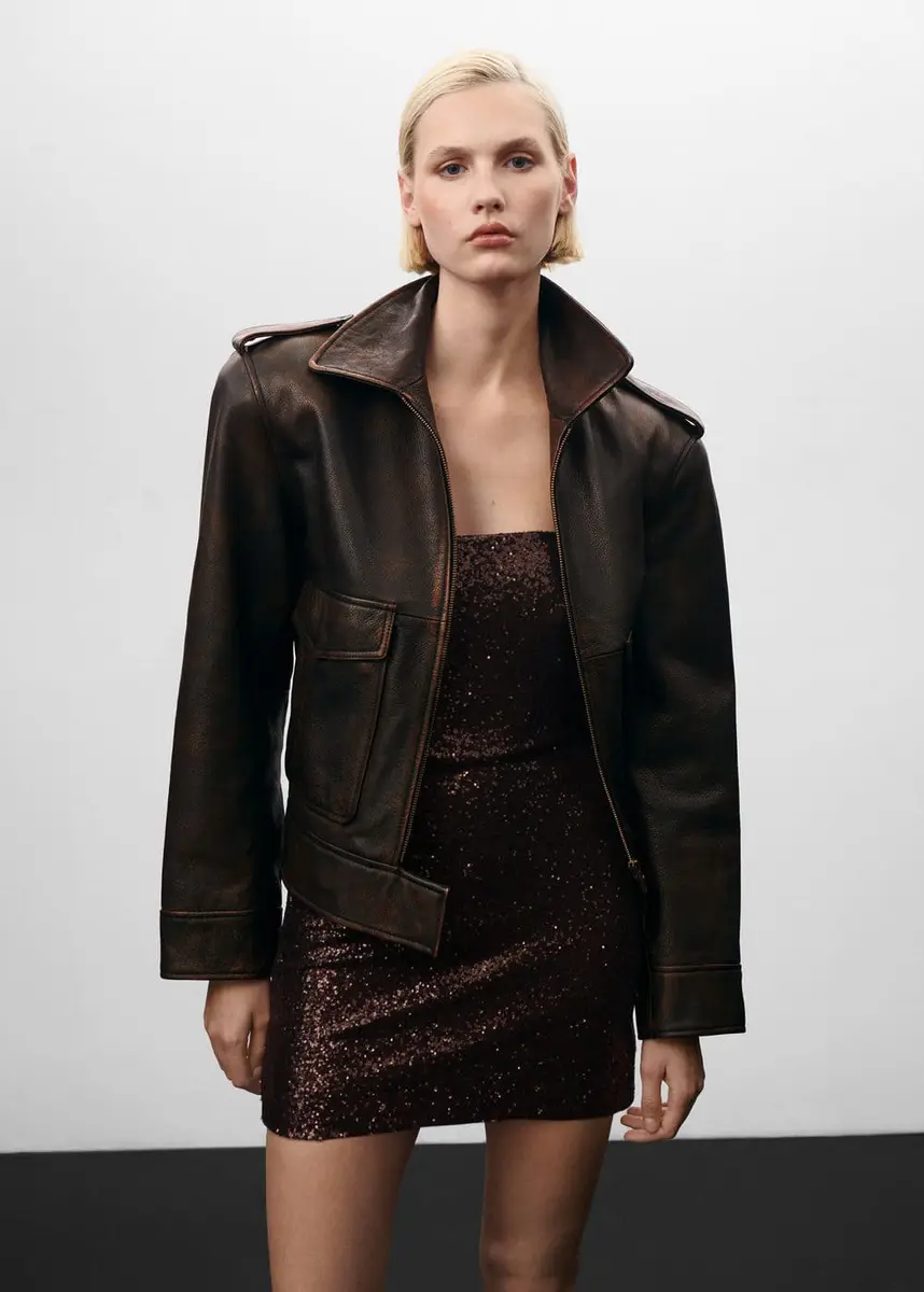 Blouson en cuir poches -  Femme | Mango France