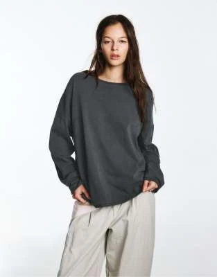 Pull&Bear - T-shirt oversize à manches longues - Gris foncé