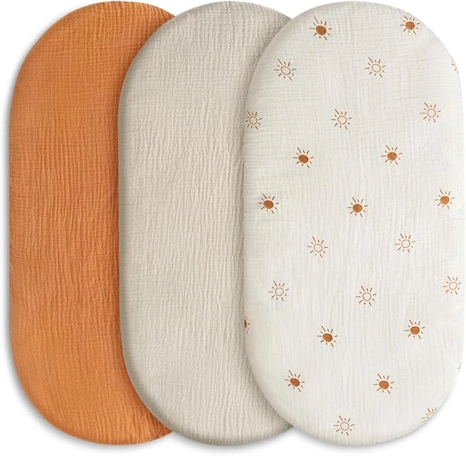 Lot de 3 draps-housses pour parc, 100 % mousseline de coton, doux et de qualité supérieure, draps-housses universels pour poussette, cadeau de naissance (solaire)