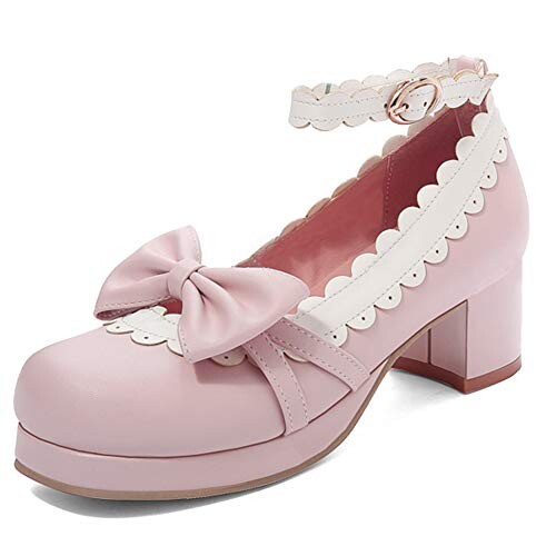 FOLOPOBO Femmes Doux Lolita Chaussures avec Bow Talon Bloc Pumps Bride à la Cheville Filles Cosplay Escarpin Pink Mini Size 39 Asian