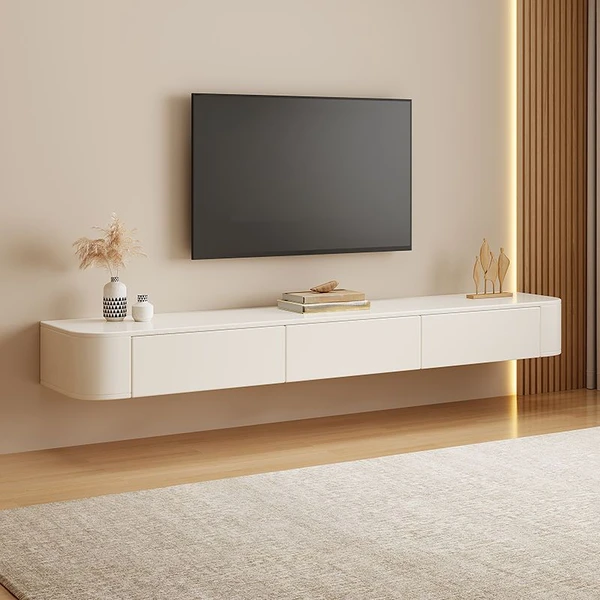 2 Tiroirs Support TV en Pierre Frittée Rectangulaire Chic avec Casier & Gestion des Câbles, 63"L x 12"L x 8"H