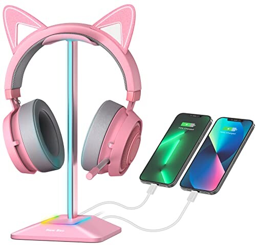 New bee Support Casque, Porte Casque RGB, Support Casque Gamer avec 2 Ports Type-c et USB Casque Stand Transmission de Données Casque Support Universel pour Casque de Gaming PC(Couleur Rose)