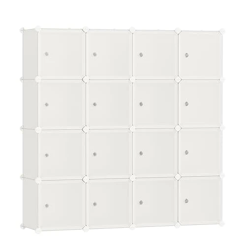 SONGMICS Meuble de Rangement Modulable, 16 Cubes, Étagère en Plastique, avec Portes, pour Vêtements, Chaussures, Livres, Assemblage Facile, Blanc Crème LPC443W01