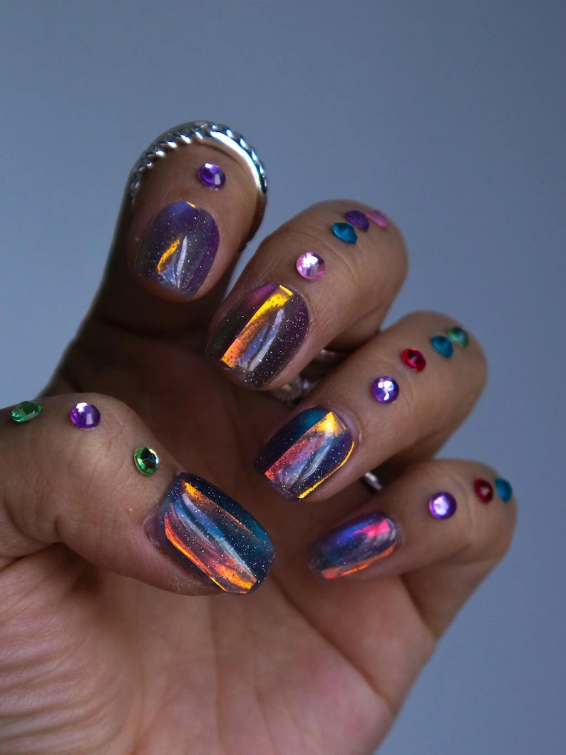 Ongles à presser galaxie réutilisables, ongles holographiques, à presser yeux de chat, ongles à presser courts, faux ongles fait main, gel premium,