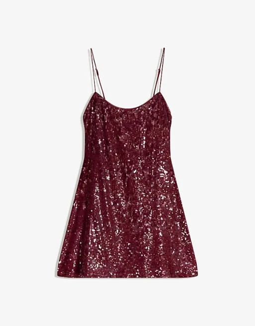 Bershka - Robe à bretelles et sequins - Bordeaux