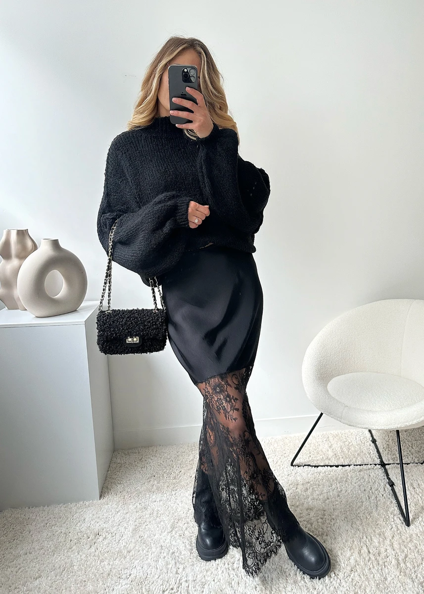 Jupe satinée et dentelle noir SINA