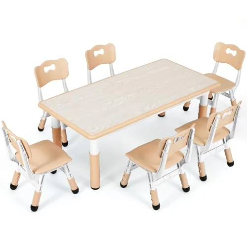 MAMIZO Table pour Enfant avec 6 Chaises, Ensemble de Table pour Enfants réglable en Hauteur, Meubles en Plastique, Table de Peinture pour Garçons et Filles à partir de 2 Ans, Jaune