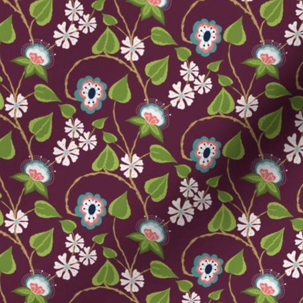 Fabric in Medium Cottage Core Botanical Trailing Vines Hand Drawn Motifs Wine Red