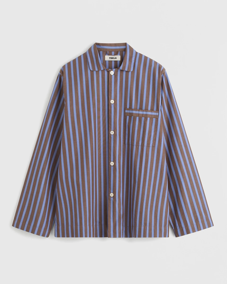Tekla Fabrics Poplin, Pyjamas Long Shirt - Chestnut Stripes