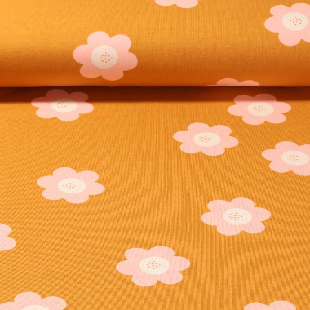 Sweat été - French Terry Grandes fleurs Curry Structure à boucles